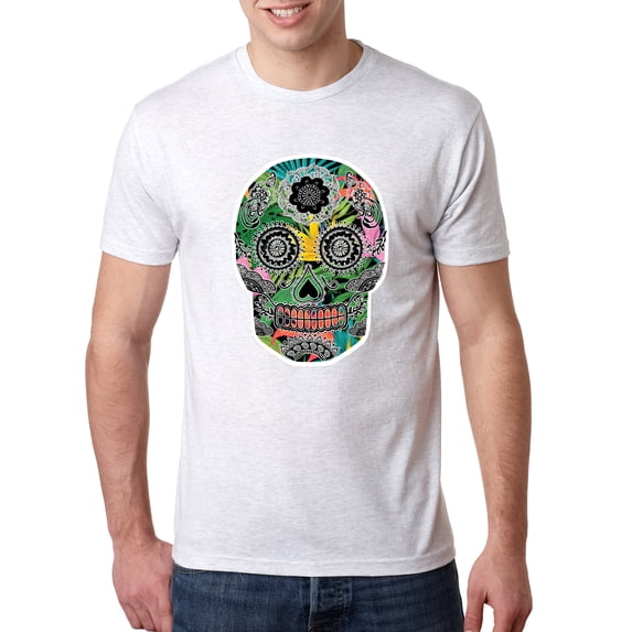 Wild Bobby, Day Of The Dead Calavera Skull Colorful Trippy | Mens Pop Culture Premium Tri Blend T-Shirt, Heather White, Small