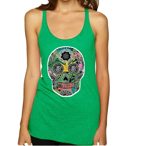Wild Bobby, Day Of The Dead Calavera Skull Colorful Trippy | Womens Pop Culture Premium Tri-Blend Racerback Tank Top, Envy, X-Large