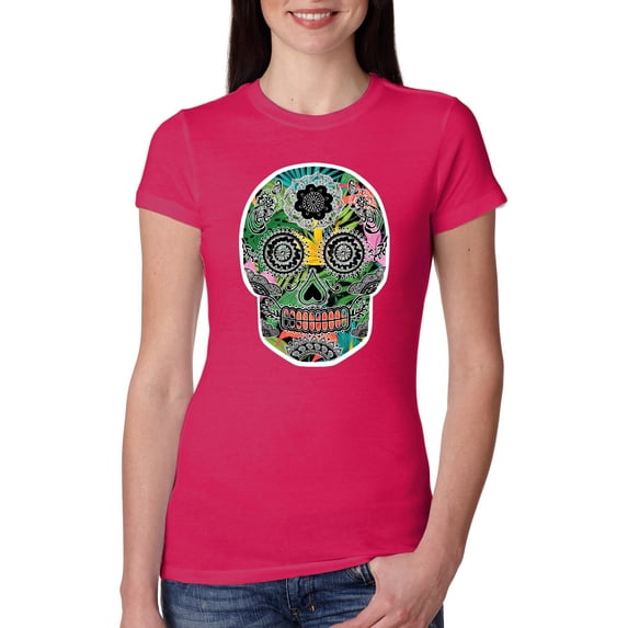 Day Of The Dead Calavera Skull Colorful Trippy | Womens Pop Culture Slim Fit Junior Tee, Raspberry, Large