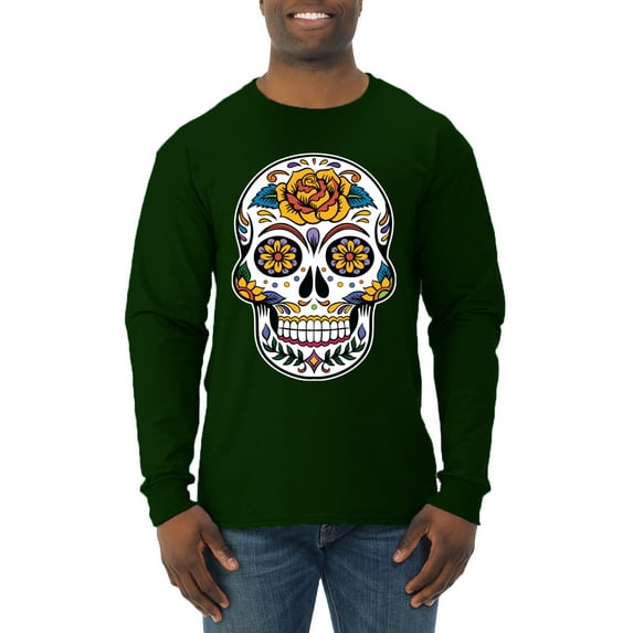 Wild Bobby Day Of The Dead Sugar Skull Pop Culture Men Long Sleeve Shirt, Forest Green, Medium