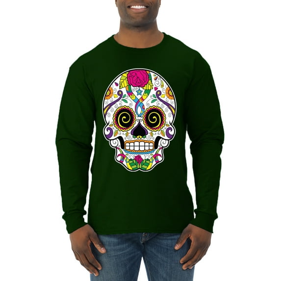 Wild Bobby Day Of The Dead Sugar Skull Pop Culture Men Long Sleeve Shirt, Forest Green, XX-Large