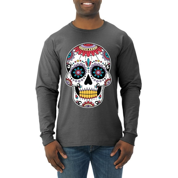 Wild Bobby Day Of The Dead Sugar Skull Pop Culture Men Long Sleeve Shirt, Heather Black, X-Large