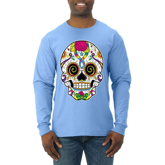 Wild Bobby Day Of The Dead Sugar Skull Pop Culture Men Long Sleeve Shirt, Light Blue, Large