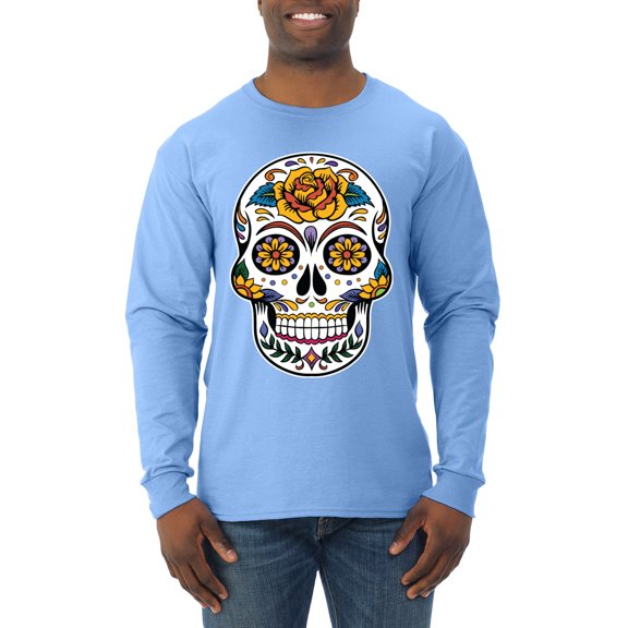Wild Bobby Day Of The Dead Sugar Skull Pop Culture Men Long Sleeve Shirt, Light Blue, Small