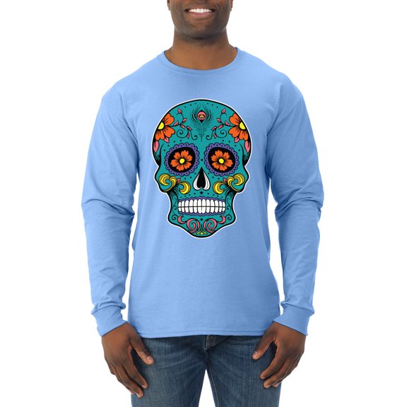 Wild Bobby Day Of The Dead Sugar Skull Pop Culture Men Long Sleeve Shirt, Light Blue, X-Large