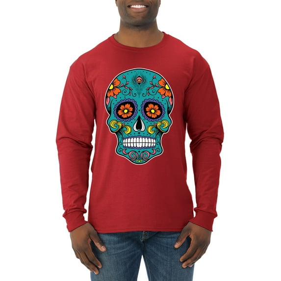 Wild Bobby Day Of The Dead Sugar Skull Pop Culture Men Long Sleeve Shirt, Red, Large