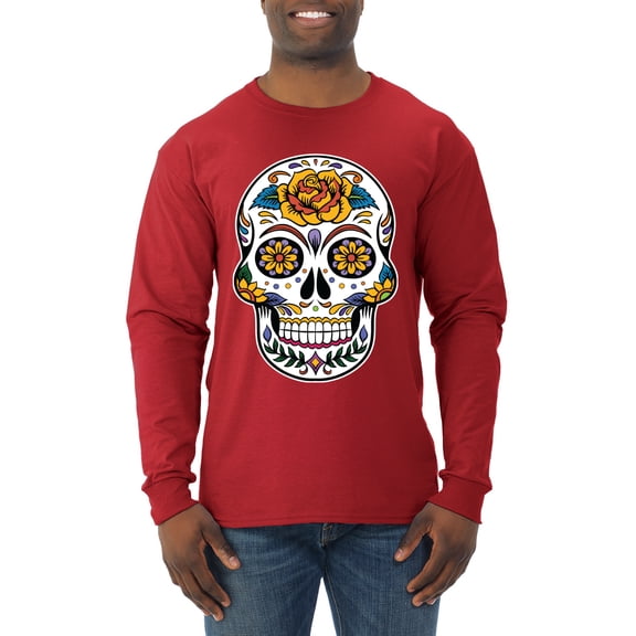 Wild Bobby Day Of The Dead Sugar Skull Pop Culture Men Long Sleeve Shirt, Red, XX-Large