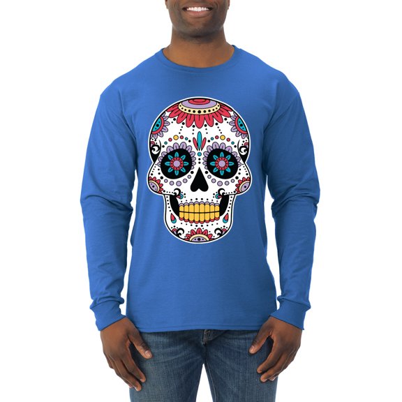 Wild Bobby Day Of The Dead Sugar Skull Pop Culture Men Long Sleeve Shirt, Royal, Large