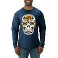 thumbnail image 1 of Wild Bobby Day Of The Dead Sugar Skull Pop Culture Men Long Sleeve Shirt, Vintage Heather Navy, Small, 1 of 5