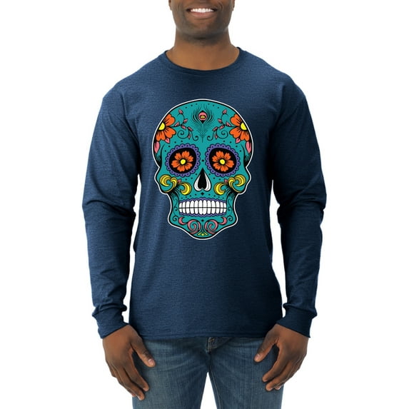 Wild Bobby Day Of The Dead Sugar Skull Pop Culture Men Long Sleeve Shirt, Vintage Heather Navy, Small