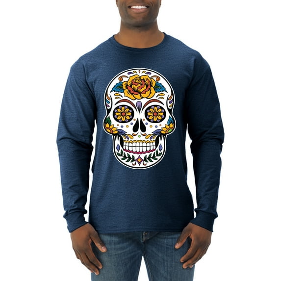 Wild Bobby Day Of The Dead Sugar Skull Pop Culture Men Long Sleeve Shirt, Vintage Heather Navy, X-Large
