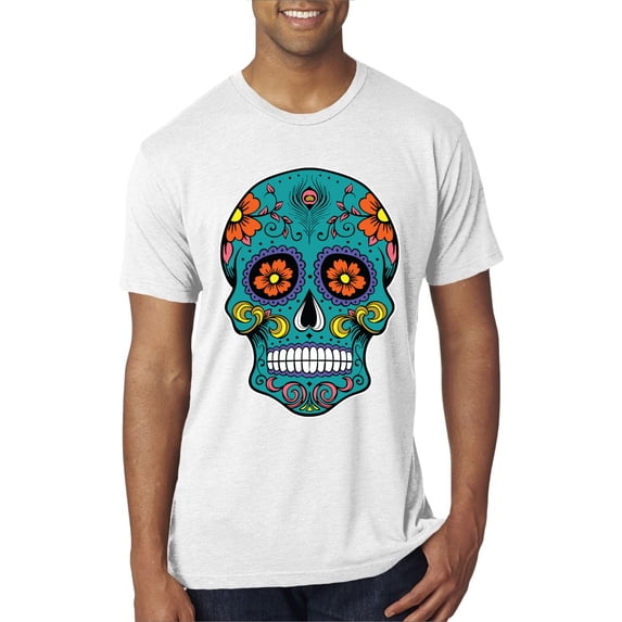 Wild Bobby, Day Of The Dead Sugar Skull Pop Culture Men Premium Tri Blend Tee, Heather White, Small