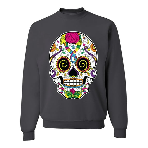 Wild Bobby Day Of The Dead Sugar Skull Pop Culture Unisex Crewneck Graphic Sweatshirt, Charcoal, Large