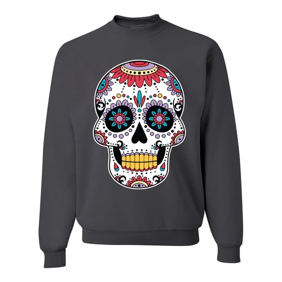Wild Bobby Day Of The Dead Sugar Skull Pop Culture Unisex Crewneck Graphic Sweatshirt, Charcoal, X-Large
