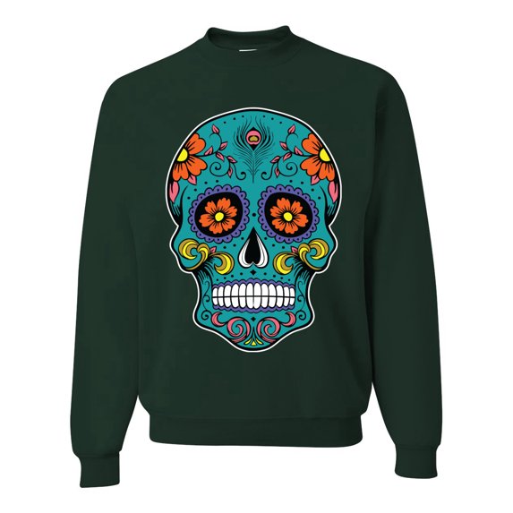 Wild Bobby Day Of The Dead Sugar Skull Pop Culture Unisex Crewneck Graphic Sweatshirt, Forest Green, Large