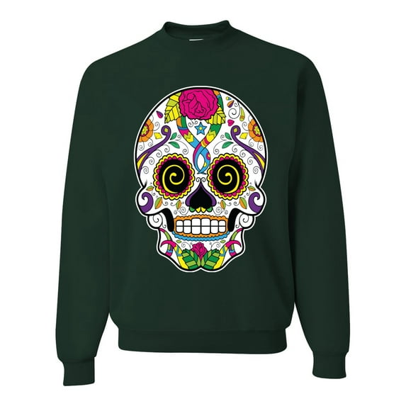 Wild Bobby Day Of The Dead Sugar Skull Pop Culture Unisex Crewneck Graphic Sweatshirt, Forest Green, Medium