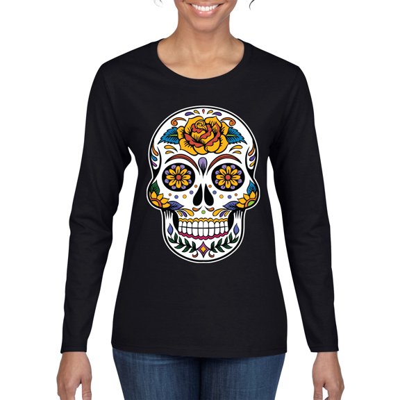 Wild Bobby Day Of The Dead Sugar Skull Pop Culture Women Graphic Long Sleeve Tee, Black, Small