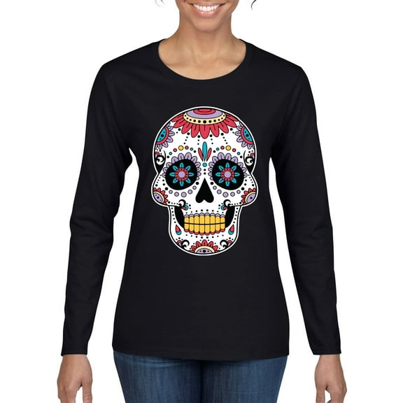 Wild Bobby Day Of The Dead Sugar Skull Pop Culture Women Graphic Long Sleeve Tee, Black, XX-Large