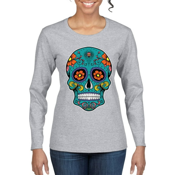 Wild Bobby Day Of The Dead Sugar Skull Pop Culture Women Graphic Long Sleeve Tee, Heather Grey, Small