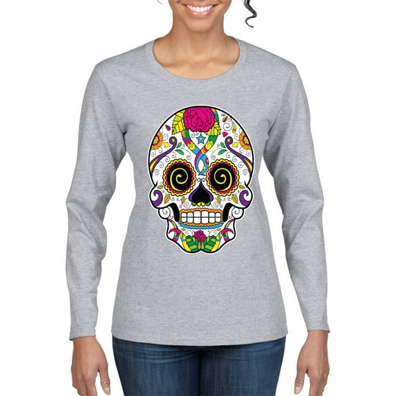 Wild Bobby Day Of The Dead Sugar Skull Pop Culture Women Graphic Long Sleeve Tee, Heather Grey, XX-Large