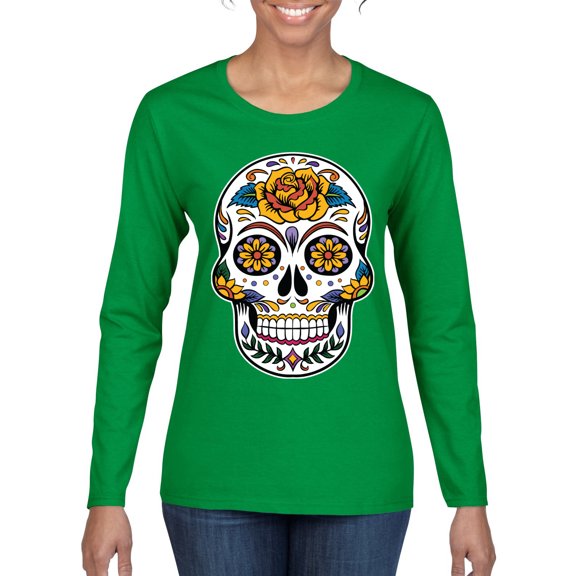 Wild Bobby Day Of The Dead Sugar Skull Pop Culture Women Graphic Long Sleeve Tee, Kelly, X-Large