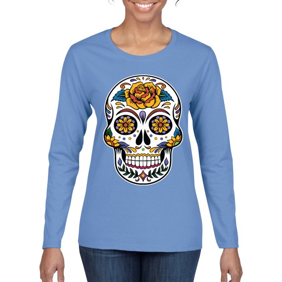 Wild Bobby, Day Of The Dead Sugar Skull Pop Culture Women Graphic Long Sleeve Tee, Light Blue, X-Large