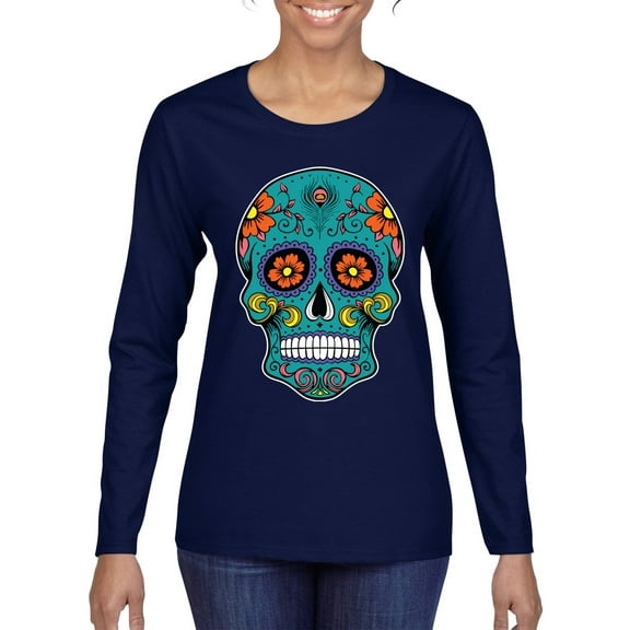 Wild Bobby Day Of The Dead Sugar Skull Pop Culture Women Graphic Long Sleeve Tee, Navy, Medium
