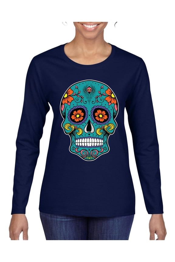 Day Of The Dead Sugar Skull Pop Culture Women Graphic Long Sleeve Tee, Navy, Medium