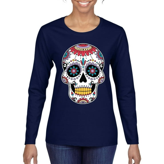 Wild Bobby Day Of The Dead Sugar Skull Pop Culture Women Graphic Long Sleeve Tee, Navy, Small