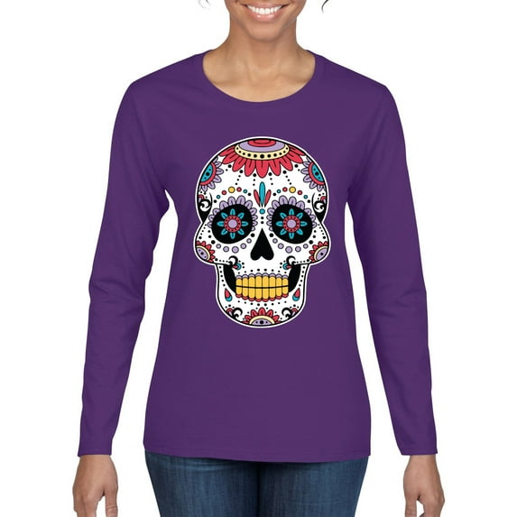 Wild Bobby Day Of The Dead Sugar Skull Pop Culture Women Graphic Long Sleeve Tee, Purple, XX-Large