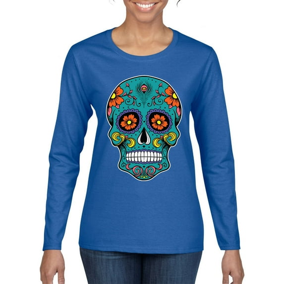 Wild Bobby Day Of The Dead Sugar Skull Pop Culture Women Graphic Long Sleeve Tee, Royal, X-Large