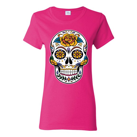 Wild Bobby Day Of The Dead Sugar Skull Pop Culture Women Graphic Tee, Fuschia, X-Large