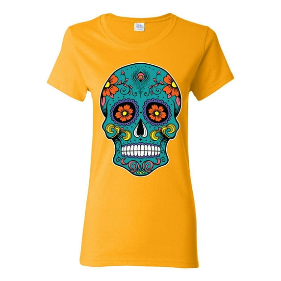 Wild Bobby Day Of The Dead Sugar Skull Pop Culture Women Graphic Tee, Gold, X-Large