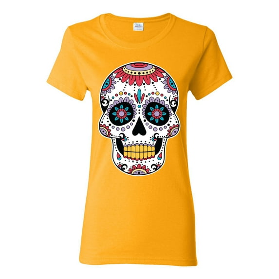 Wild Bobby Day Of The Dead Sugar Skull Pop Culture Women Graphic Tee, Gold, XX-Large