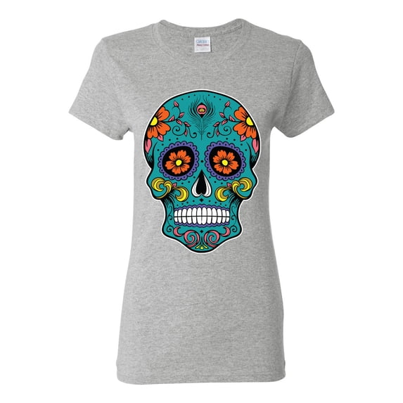 Wild Bobby Day Of The Dead Sugar Skull Pop Culture Women Graphic Tee, Heather Grey, Large