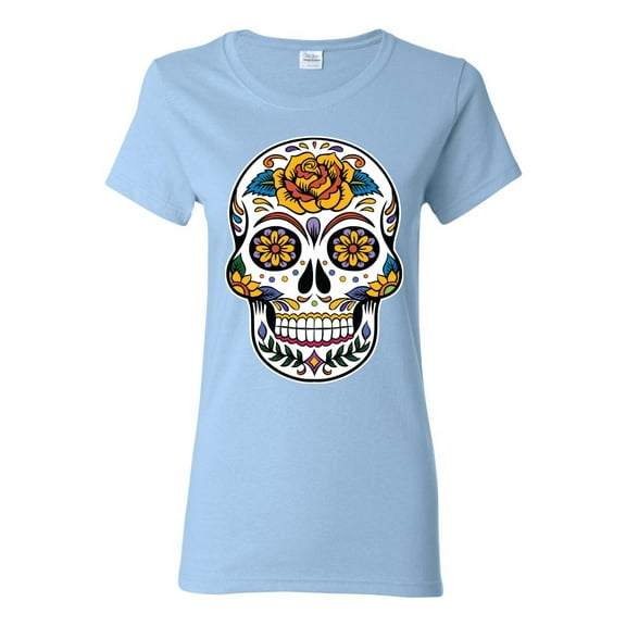 Wild Bobby Day Of The Dead Sugar Skull Pop Culture Women Graphic Tee, Light Blue, Medium