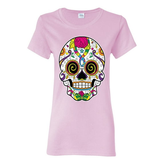 Wild Bobby Day Of The Dead Sugar Skull Pop Culture Women Graphic Tee, Light Pink, Medium