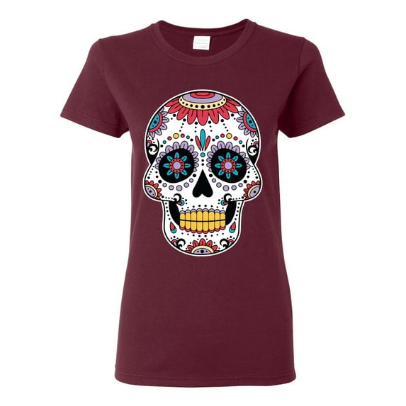 Wild Bobby Day Of The Dead Sugar Skull Pop Culture Women Graphic Tee, Maroon, 3X-Large