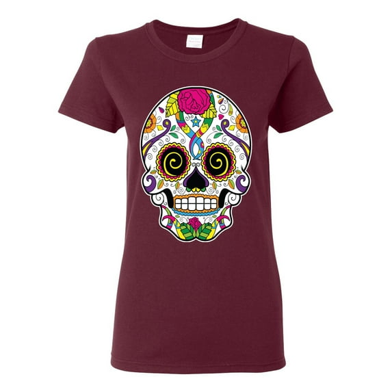 Wild Bobby Day Of The Dead Sugar Skull Pop Culture Women Graphic Tee, Maroon, X-Large