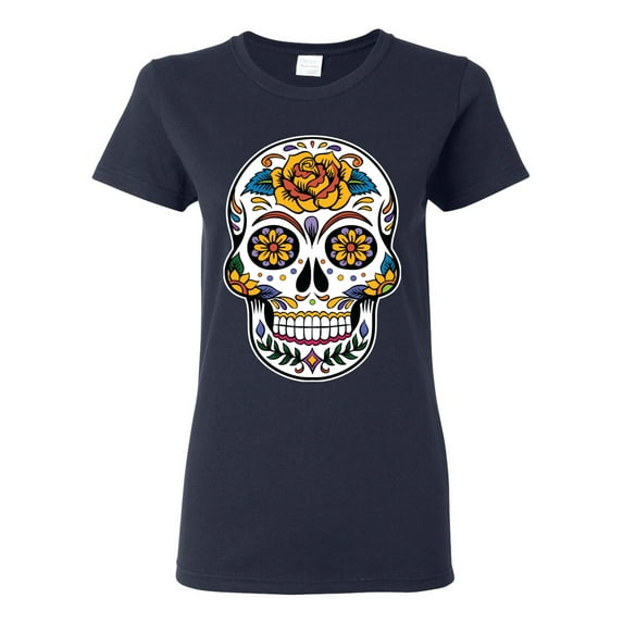 Wild Bobby Day Of The Dead Sugar Skull Pop Culture Women Graphic Tee, Navy, Small