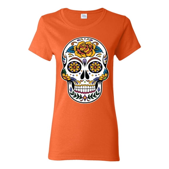 Wild Bobby Day Of The Dead Sugar Skull Pop Culture Women Graphic Tee, Orange, Large