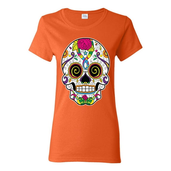 Wild Bobby Day Of The Dead Sugar Skull Pop Culture Women Graphic Tee, Orange, Medium