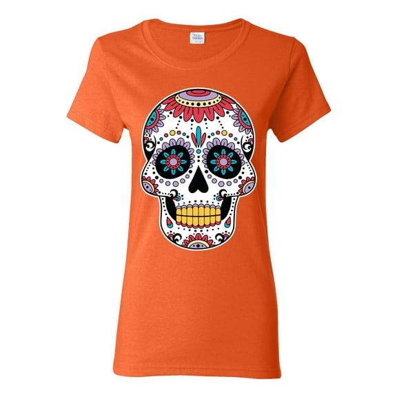 Wild Bobby Day Of The Dead Sugar Skull Pop Culture Women Graphic Tee, Orange, X-Large