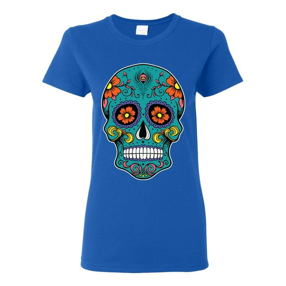 Wild Bobby Day Of The Dead Sugar Skull Pop Culture Women Graphic Tee, Royal, X-Large