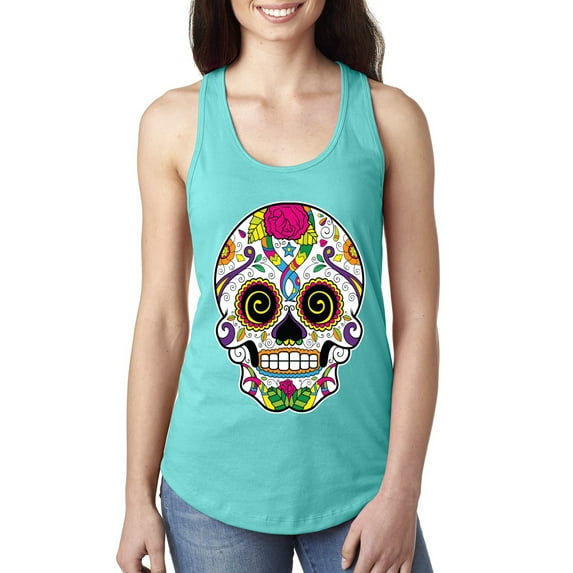Wild Bobby Day Of The Dead Sugar Skull Pop Culture Women Racerback Tank Top, Tahiti Blue, Medium
