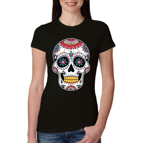 Wild Bobby Day Of The Dead Sugar Skull Pop Culture Women Slim Fit Junior Tee, Black, X-Large