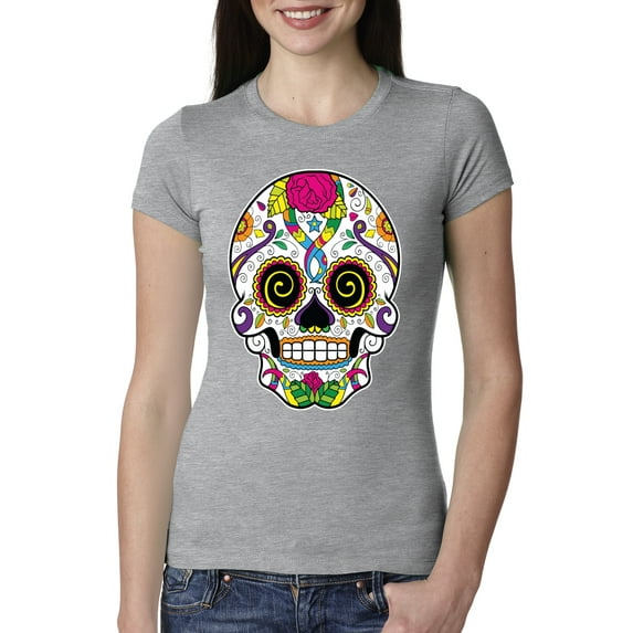 Wild Bobby Day Of The Dead Sugar Skull Pop Culture Women Slim Fit Junior Tee, Heather Grey, Large