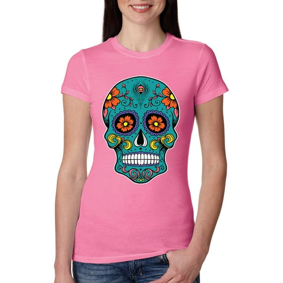 Wild Bobby Day Of The Dead Sugar Skull Pop Culture Women Slim Fit Junior Tee, Hot Pink, Medium