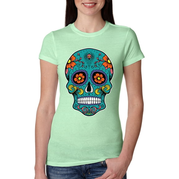 Wild Bobby Day Of The Dead Sugar Skull Pop Culture Women Slim Fit Junior Tee, Mint, Small