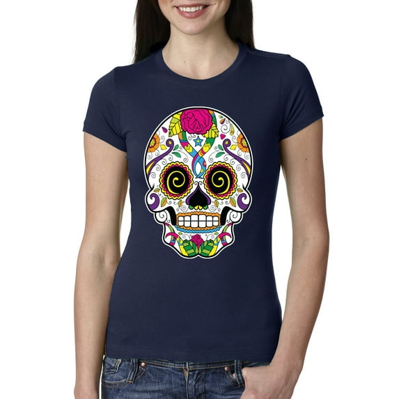 Wild Bobby Day Of The Dead Sugar Skull Pop Culture Women Slim Fit Junior Tee, Navy, Large